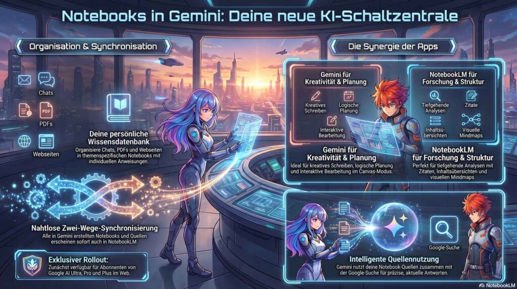 Infografik mit den neuen Features der Zusammenführung von NotebookLM und Gemini