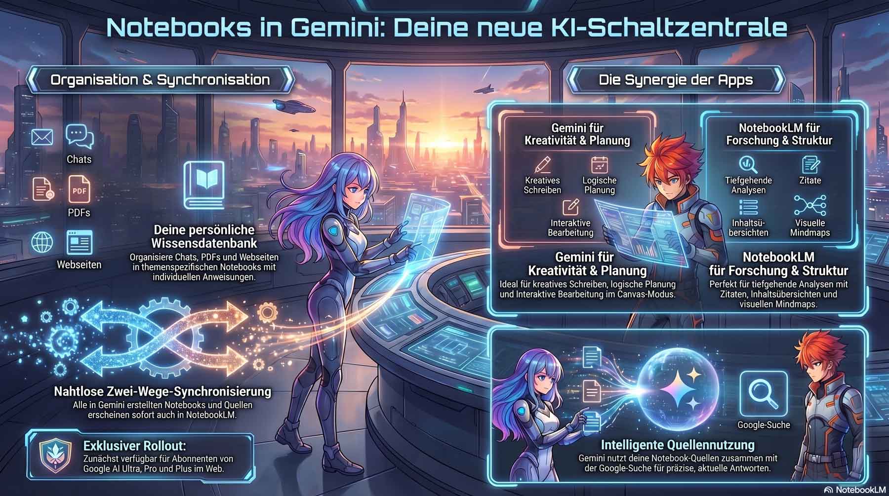 Infografik mit den neuen Features der Zusammenführung von NotebookLM und Gemini