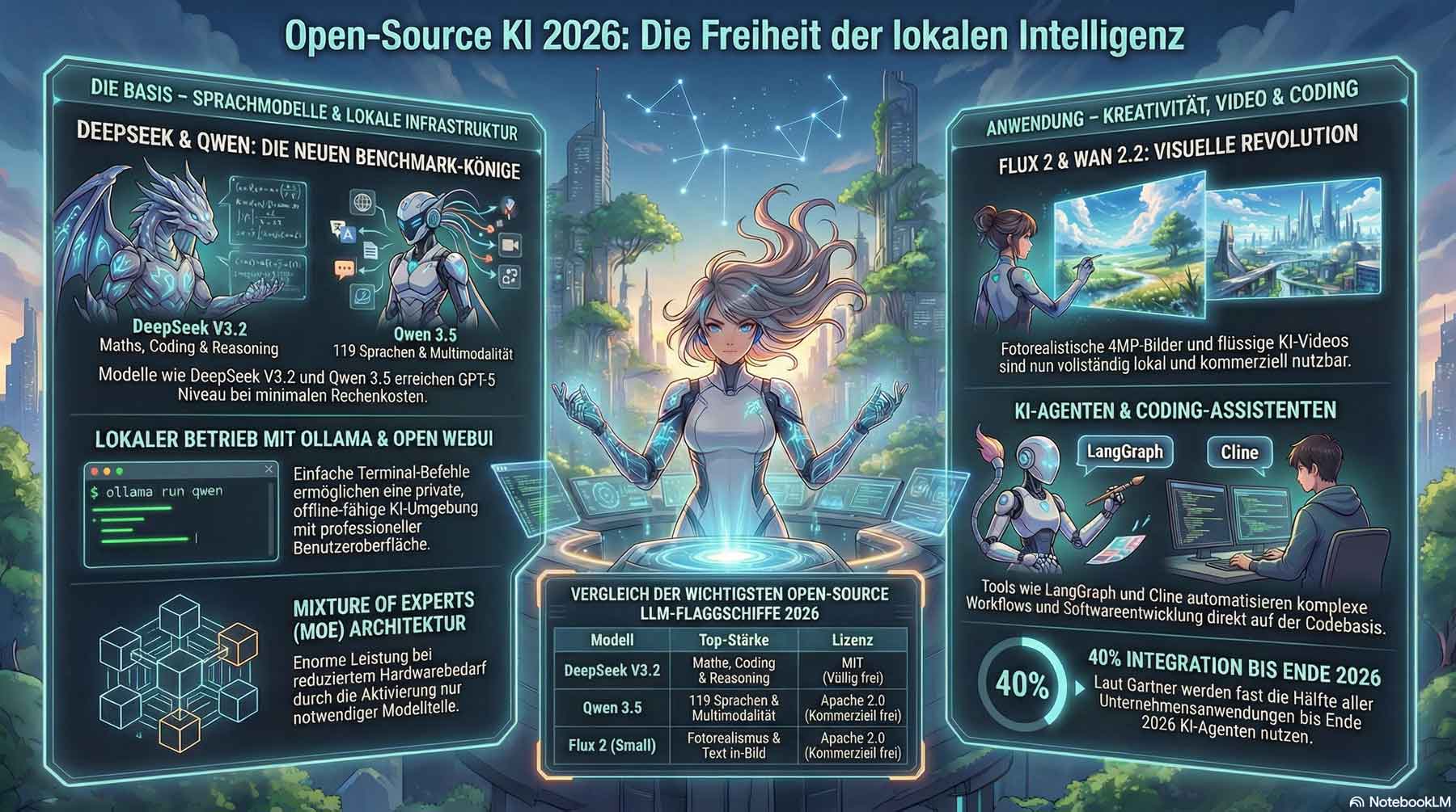 Infografik über das Thema Oenscource KI Modelle und Agenten Frameworks