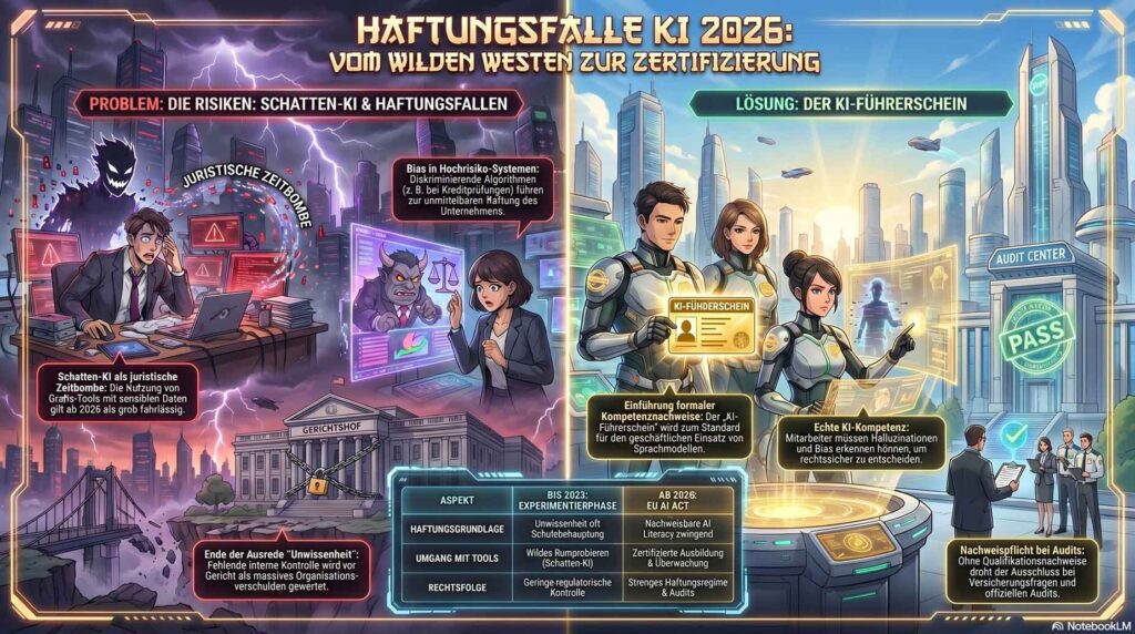 Infografik über das Thema: Haftungsfalle KI Nutzung